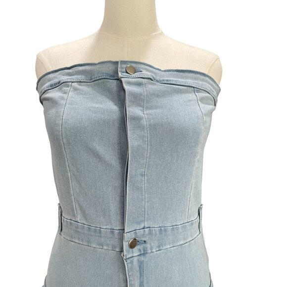 Strapless Denim Cargo Jumpsuit Y2K Edgy Streetwear Utility Baddie Distressed XL - Picture 12 of 12